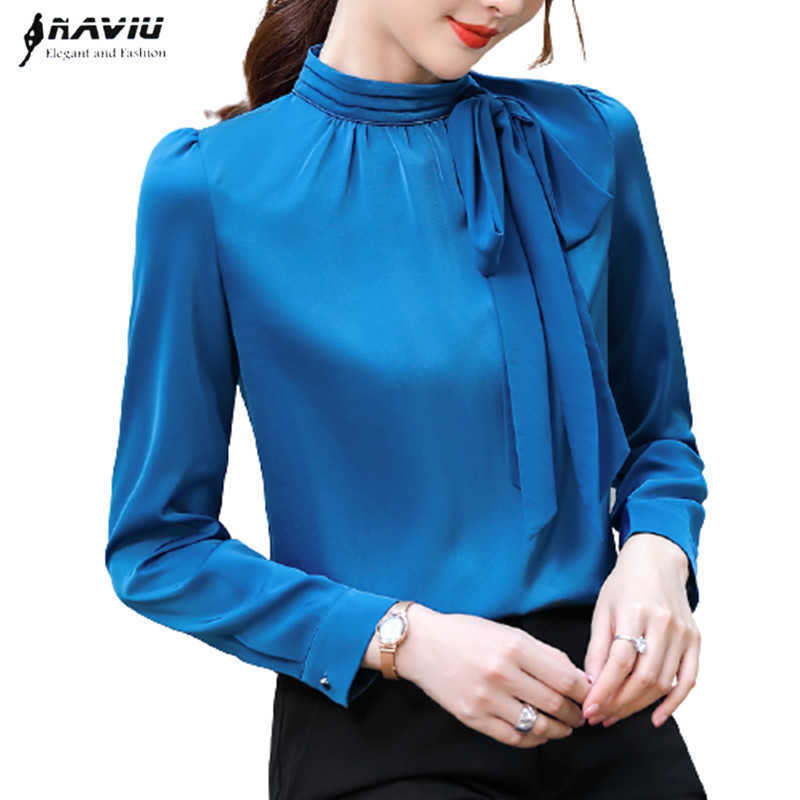 

Blue Shirt Women Professional Spring Long Sleeve Temperament Bow Ribbon Satin Blouses Office Ladies Fashion Work Tops 210604