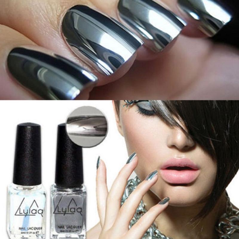

Nail Polish 2021 2pc/lot Fashion 6ml Silver Mirror Effect Metal Varnish Top Coat Metallic Nails Art Tips Set