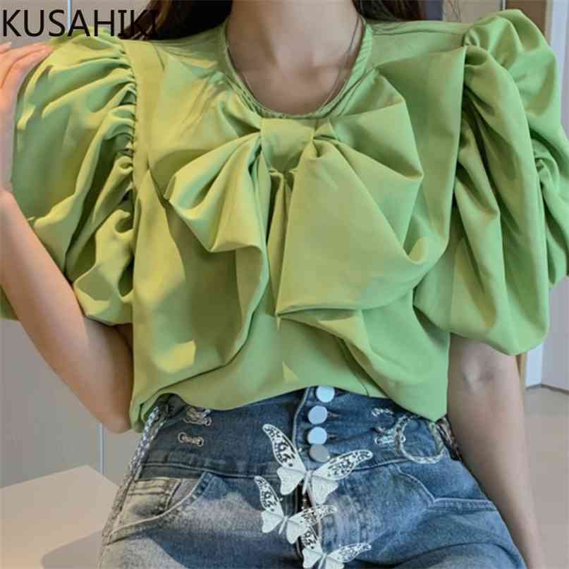 

Women Blouse Sweet Bowknot O-neck Puff Sleeve Top Shirts Summer Korean Fashion Blusas De Mujer 6J236 210603, Green tops