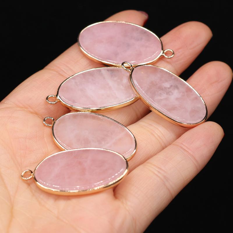 

Charms Natural Stone Pendants Oval Shape Charm Gold-plated Pink Crystal For Women Necklace Earrings Jewelry Making Supplies, Bronze;silver