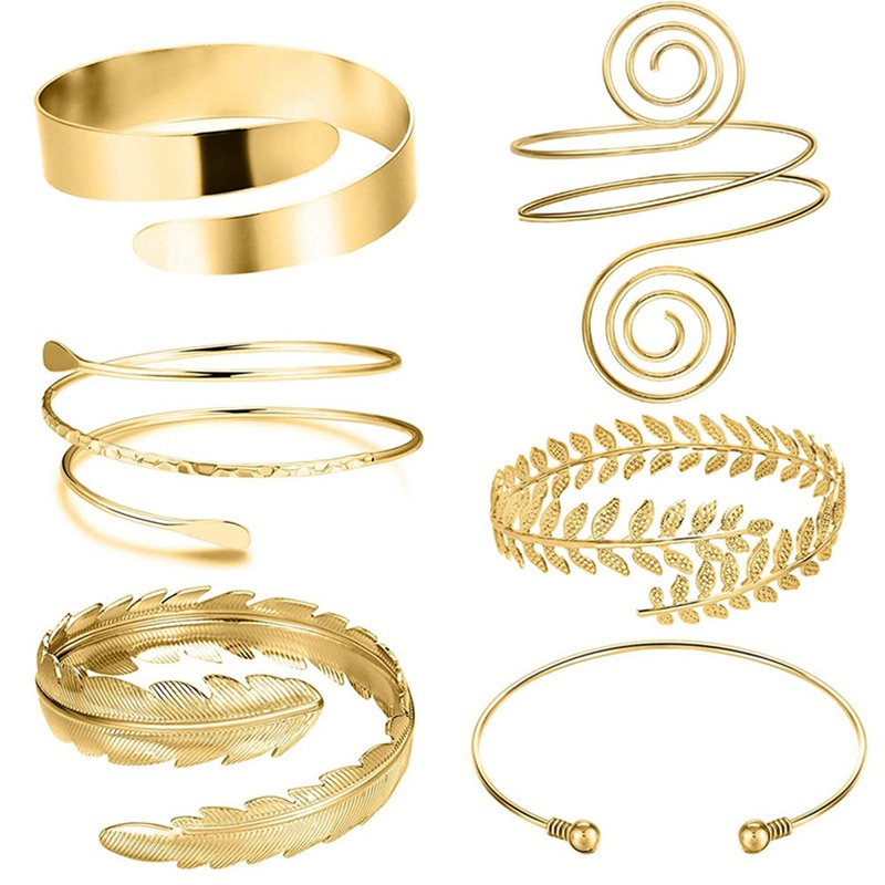 

6 Pieces/Set Arm Bracelet for Women Girls Gold Color Mental Open Upper Arm Bangle Bracelet Simple Adjustable Armlet Armband Set