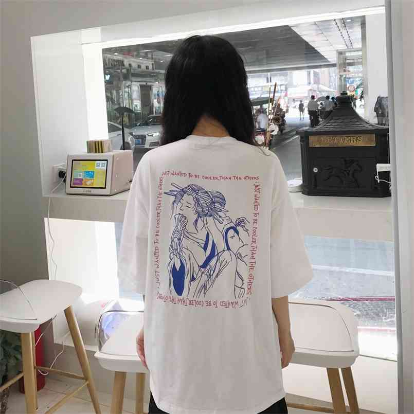 

Fashion Printed Letter Simple Vintage Special Loose Casual Overrsize Short Sleeve Female T-shirts 210708, White