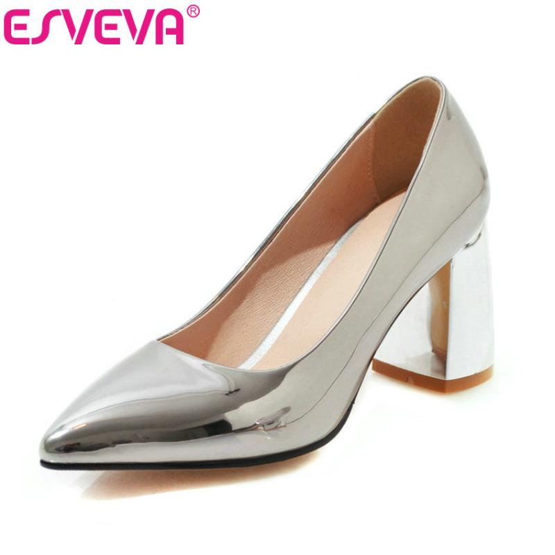 

Dress Shoes ESVEVA 2021 Women Pumps Leisure PU Leather Coarse-heeled Pointed Toe Basic Slip On Gold Single Sexy Size 34-43, Black