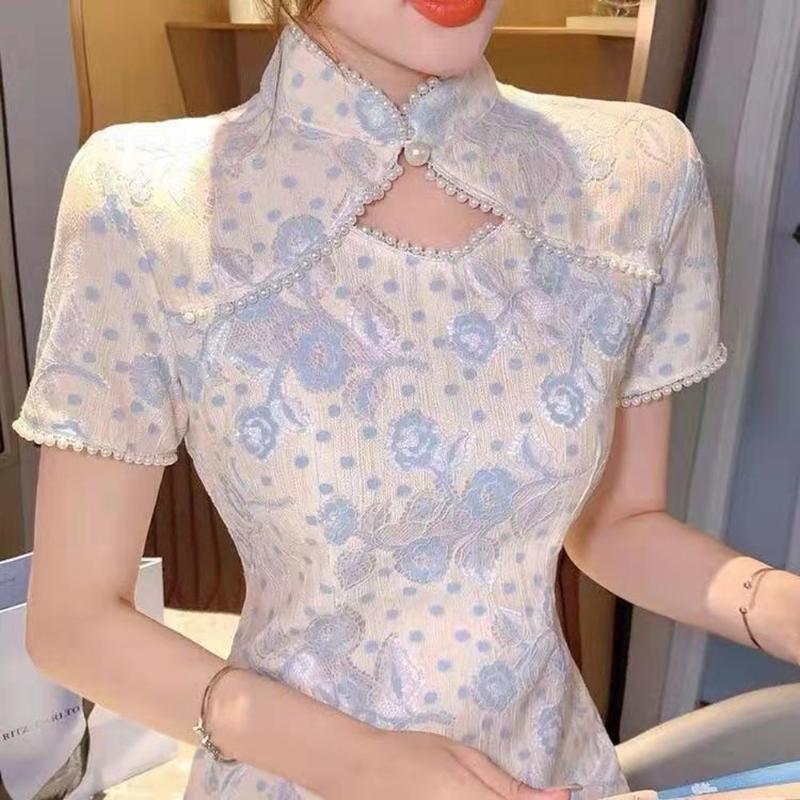 

Ethnic Clothing Oriental Style Hanfu Women Modern Qipao Aodai Design Cheongsam Pearl Beaded Short Quipao Chinese Dresses