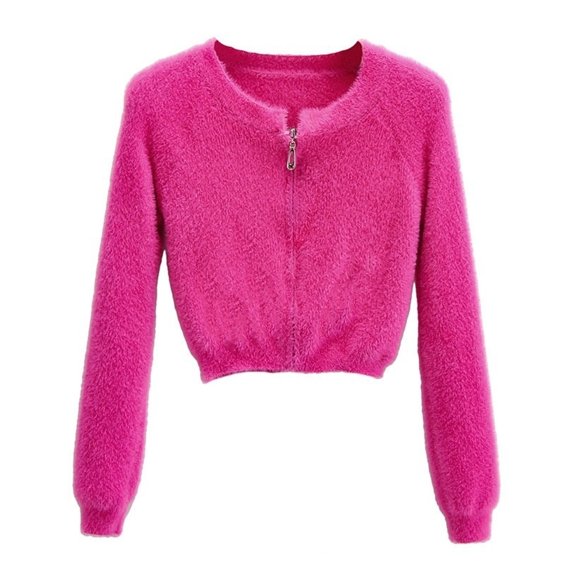 

Women Pull Pink Sweaters Autumn Winter Zipper Casual Cardigan Top Ladies Long Sleeve Sexy Crop Sweater Short Mujer 210525