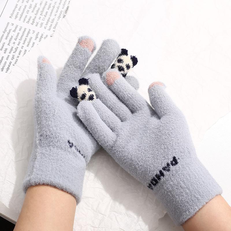 

Five Fingers Gloves 6 Colors Thicken Cartoon Panda Touch Screen Plush Full Finger Warm Women Winter Outdoor Cycling Hiking Wrist Mittens, Blue;gray