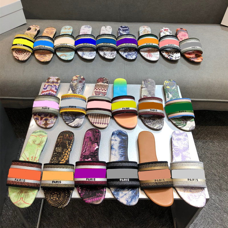 

Paris Womens Sandals Slippers Embroidery Designers Sandal Floral Brocade Flip Flops Slides Beach Flowers Luxury slipper with box, Black