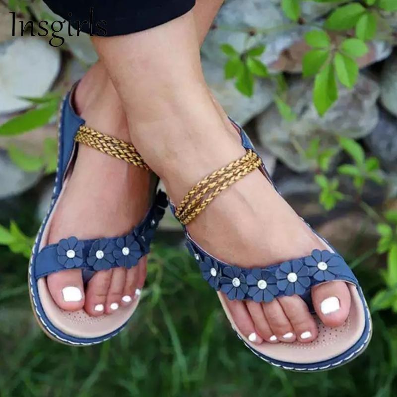 

Sandals Women Casual 2021 Summer Cute Flower Open Toe Ladies Dress Beach Comfortable Shoes 35-42 Large-Sized Flat, Black
