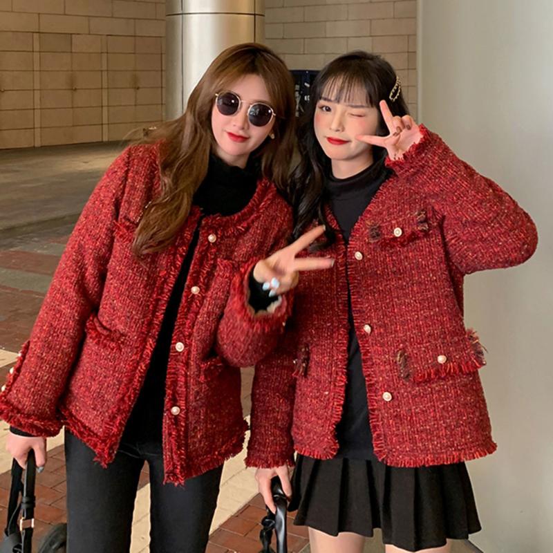 

Women's Jackets Red Tweed Jacket 2021 Autumn Winter O-neck Tassel Coat Classic Lady Bright Wire Braided V-neck Woolen Outwear, Black;brown