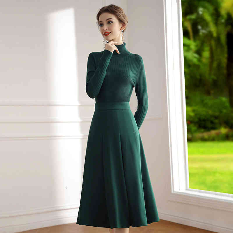 

Women' Two Piece Pants Zhili winter suit female fashion foreign style green high neck sweater + waist long skirt two-piece set 5RI6