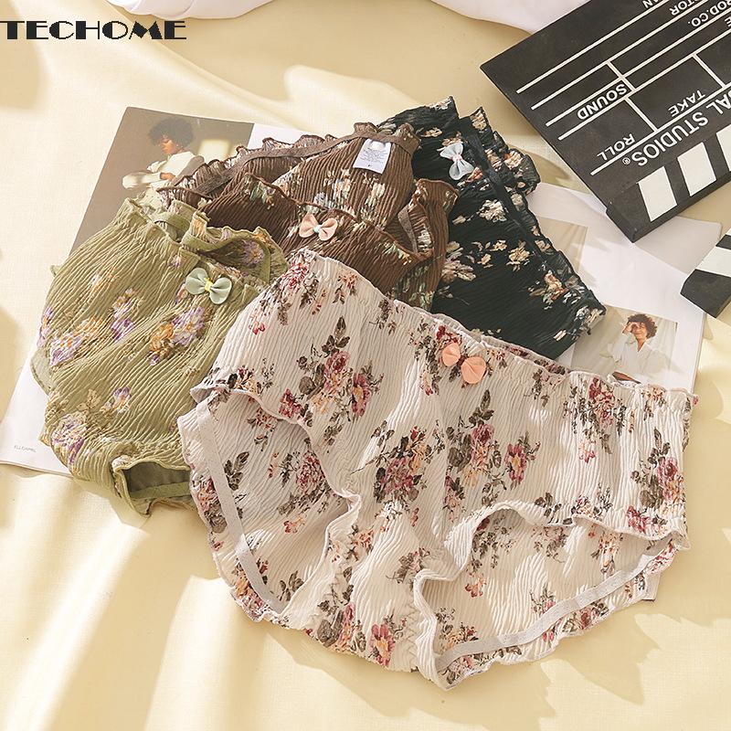 

Women's Panties 2021 Underpants Sexy Lace Fashion Floral Chiffon Briefs Low Waist Seamless Underwear Female Vintage Bow Lingerie, Black