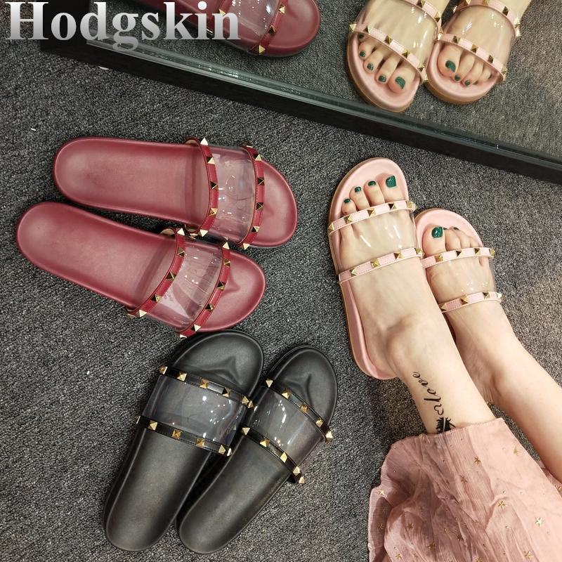 

Slippers 2021 Summer Women Anti-slip Home Indoor Open Toe Flat Female Sandals Rivet Clear PVC Outside Soft Footwear, Black