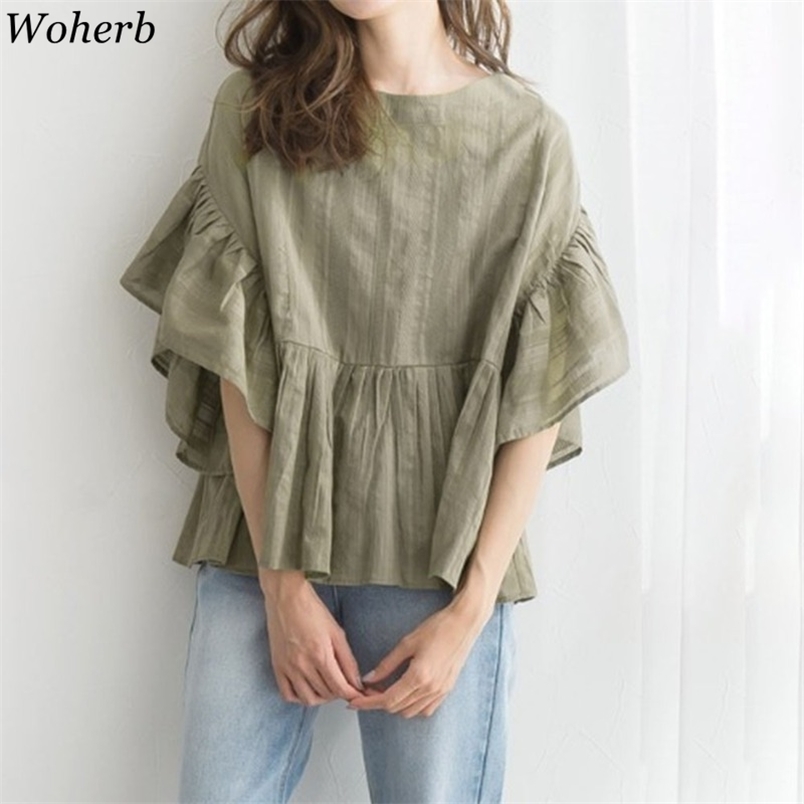

Japanese Casual Women Blouse Shirts Lantern Sleeve Summer Loose Ruffles Fashion Korean Style Tops Blusas 210519, As photo