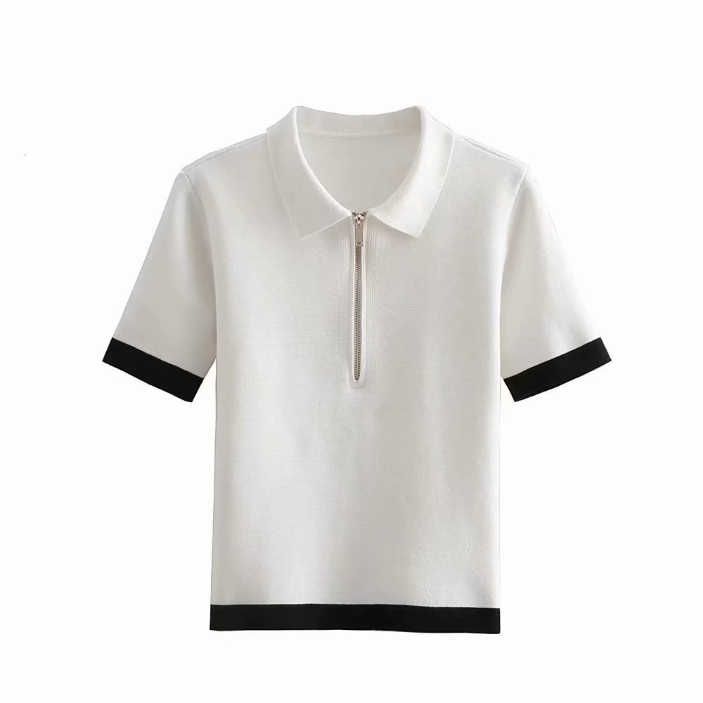 

t shirt 2021 spring women's polo neck zipper trim short sleeve, White
