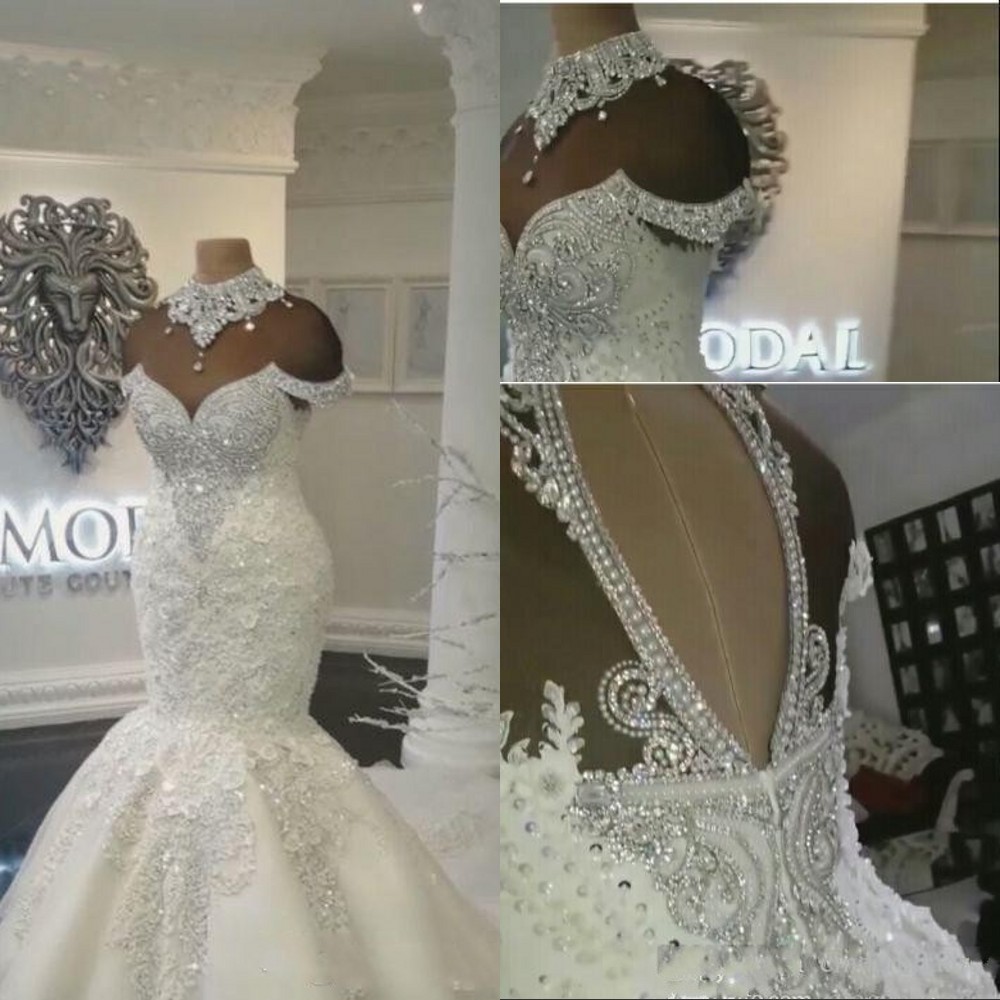 

2021 Sexy Luxury Dubai Arabic Mermaid Wedding Dresses Bridal Gowns High Neck Illusion Lace Appliques Crystal Beaing Plus Size Tulle Formal With Flowers Open Back, White