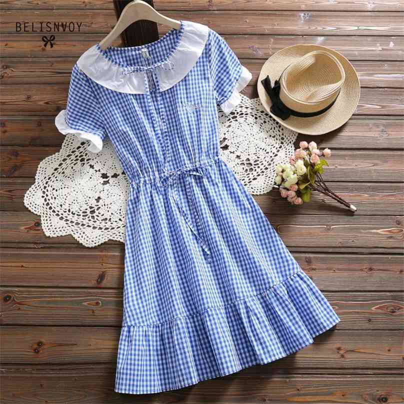 

Mori Girl Summer Women Cute Dress Peter Pan Collar Cotton Vestidos De Festa Short Sleeve Blue Red Plaid Embroidery Ladies 210520