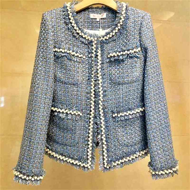 

Womens Tweed Jackets Plaid Coats Autumn Small Fragrance Long Sleeve Elegant Tassel Open Stitch Outerwear 210603, Picture color