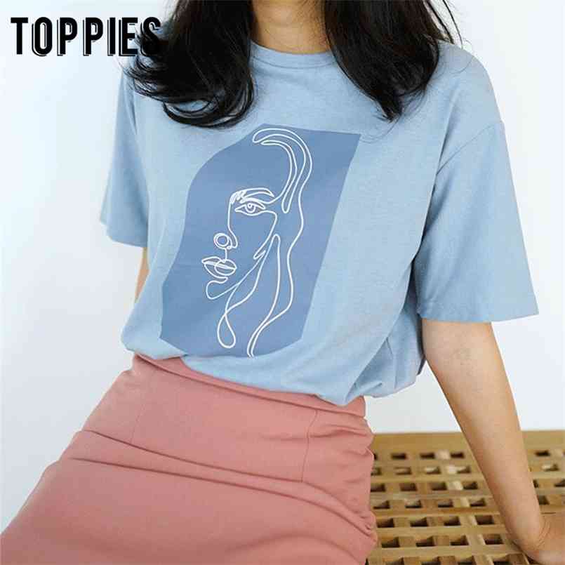 

Toppies Abstract T-shirts Character Printing Women Tops Solid Color Summer white Cotton Tees harajuku clothing 210708, Light yellow