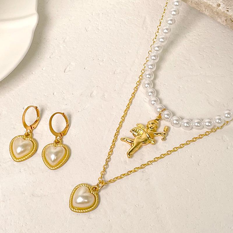 

Earrings & Necklace Flatfoosie Golden Angel Heart Pearl Pendant Set For Women Girls Elegant Pearls Jewelry Fashion Party Gift, Silver