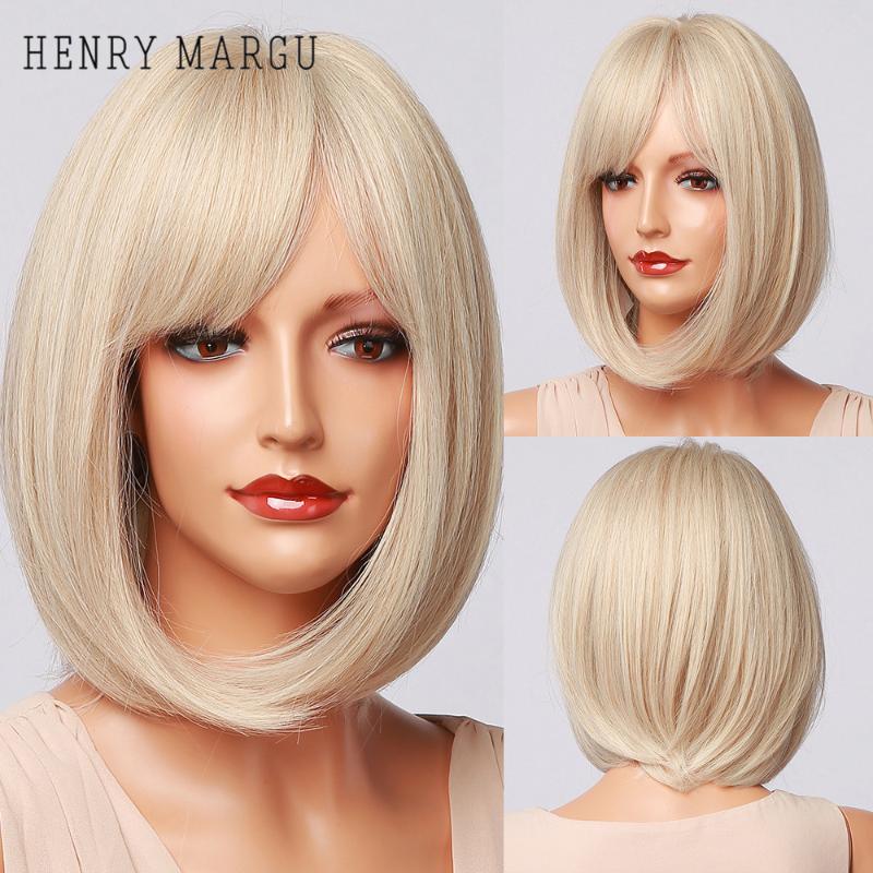 

Synthetic Wigs HENRY MARGU Platinum Blonde Cosplay Party Daily Short Straight Bob With Bangs For Women Heat Resistant, Ss180-2