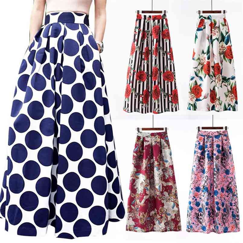 

S-3xl Autumn Print Flora Maxi Skirt Women Spring Long Pleated s For Plus Size Fashion High Waist 210708, 1090-13 blue