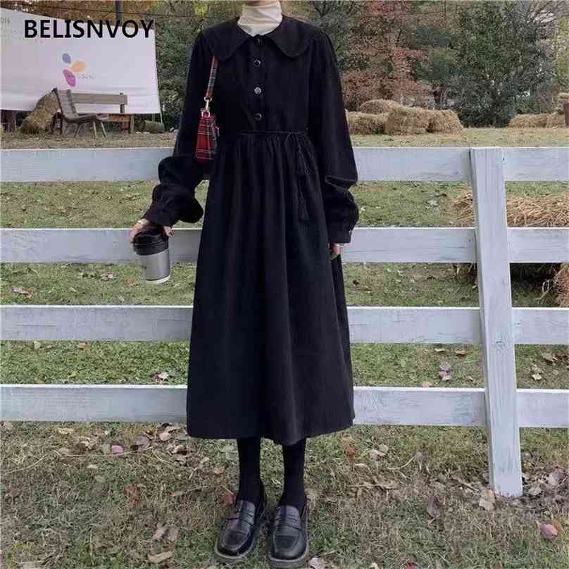 

Japanese Mori Girl Autumn Winter Women Dress Peter Pan Collar Loose Harajuku Corduroy Cute Kawaii Lantern Sleeve Vestidos 210520, Black