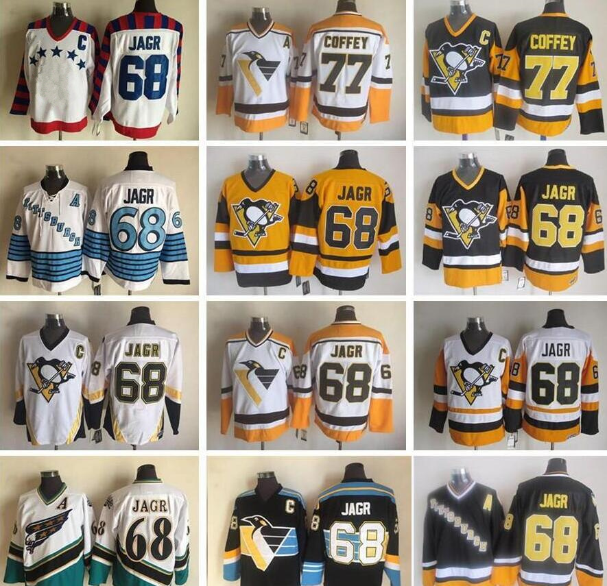 

Vintage 68 Jaromir Jagr 77 Paul Coffey Pittsburgh Penguins Washington Capitals Black White Yellow Ice Hockey Jerseys shirts RETRO, Black;red