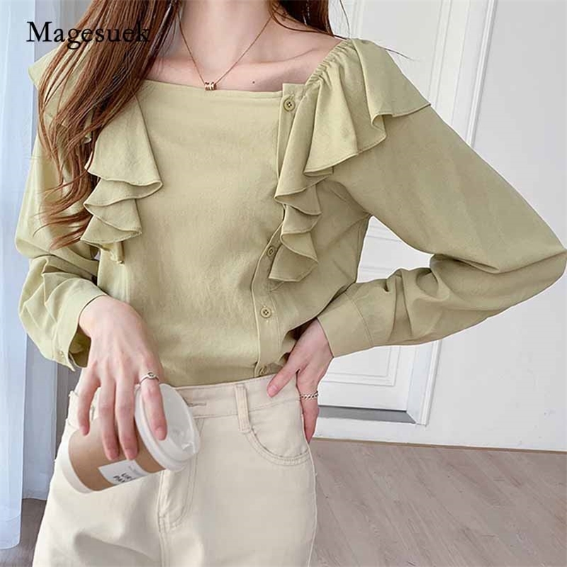 

Fashion Autumn Ruffles Spliced Solid Long Puff Sleeve Blouse Women Square Collar Tops Elegant Button Shirts Blusas Mujer 11241 210518, Green