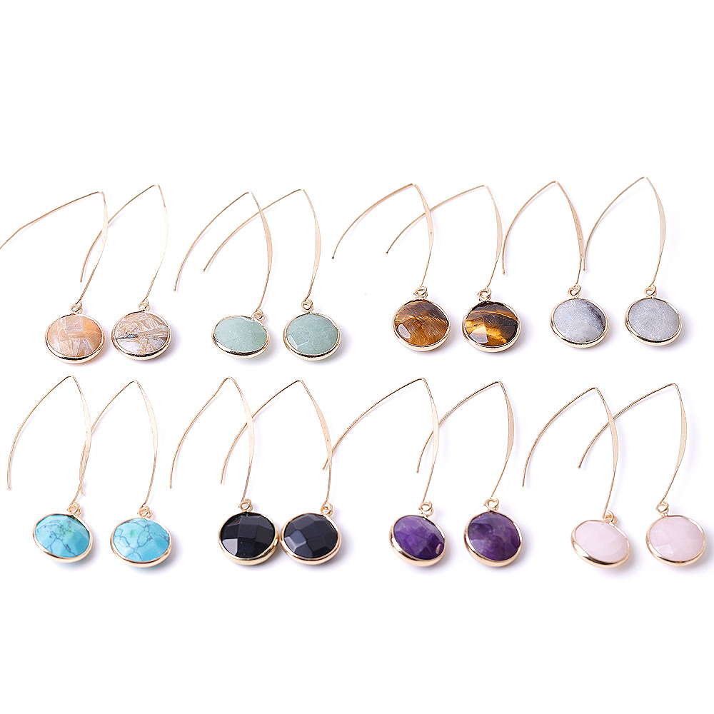 

15mm Round Natural Stone pink Crystal stud Earrings Tiger's Eye Turquoise Opal Rose Quartz Dangle Earrings For Women jewelry