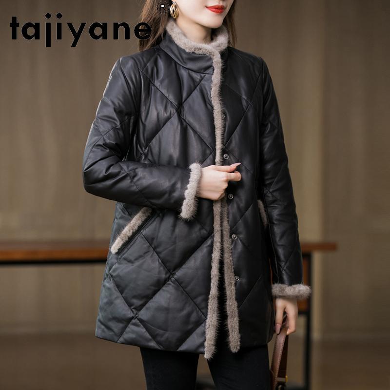 

Women's Leather & Faux Tajiyane 2021 Winter White Duck Dow Jackets Fashion Stand-up Collar Coats 100% Sheepskin Jacket Chaqueta Muj, Black