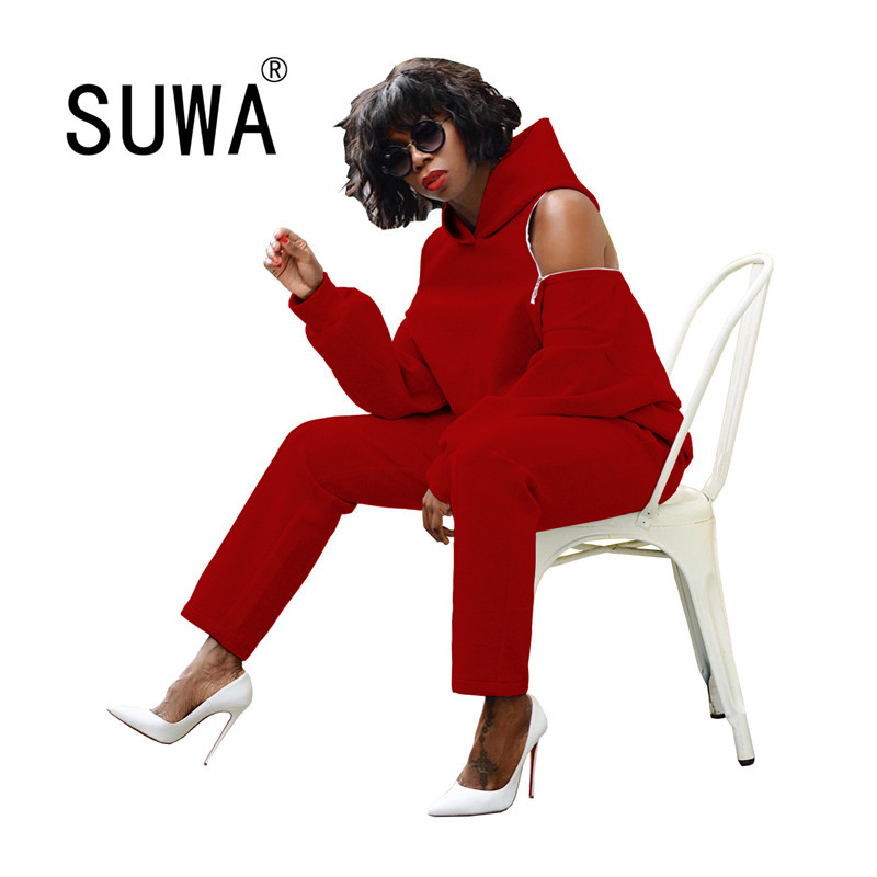 

Sportwear Women Clothing Set Zipper Splicing Hooded Sweatshirts Pants Suit Active Wear Tracksuit Two Piece Sexy Fitness 210525, Gray