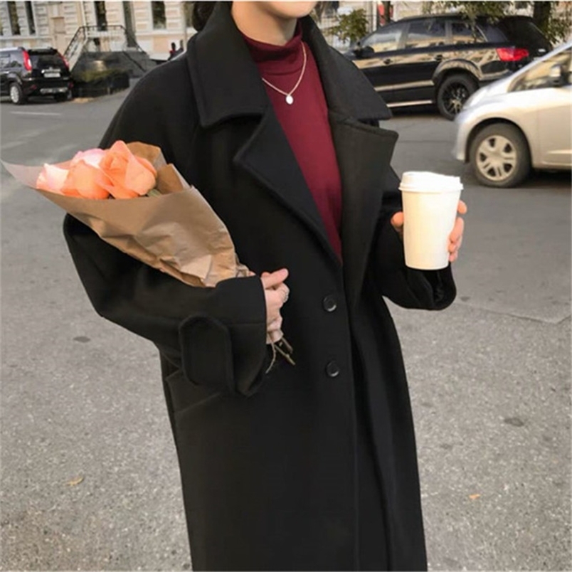 

Autumn Winter Woolen Coat Women Korean Plus Size Black Wild Wool Jacket Female Fashion Long Loose Ladies Overcoat S2284 210909