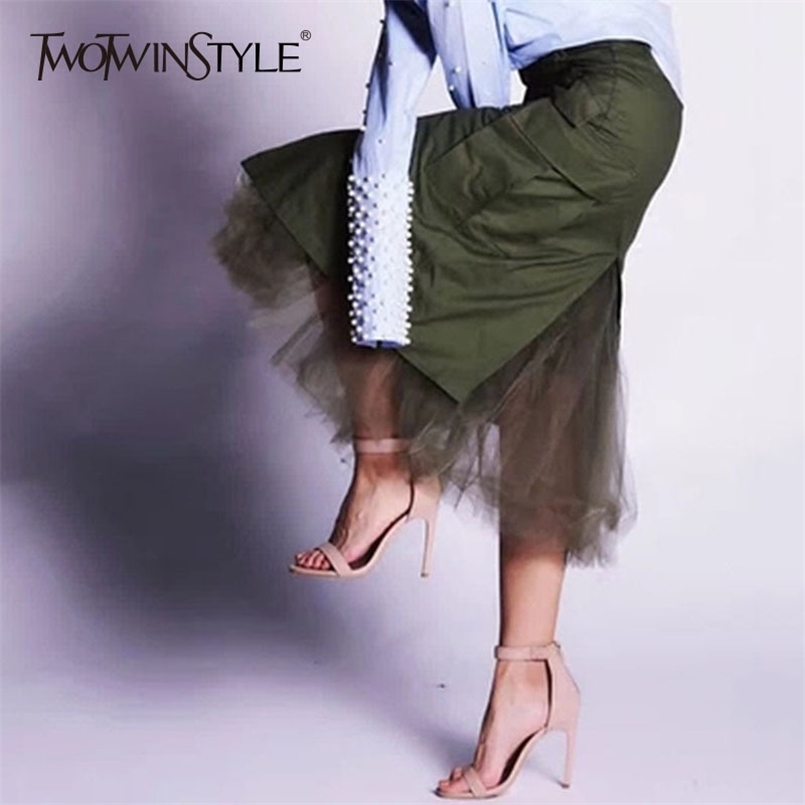 

Tulle Patchwork Skirts For Women Autumn Split High Waist Packet Hip Skirt Female Midi Long Casual Clothing Fashion 210521, Army green