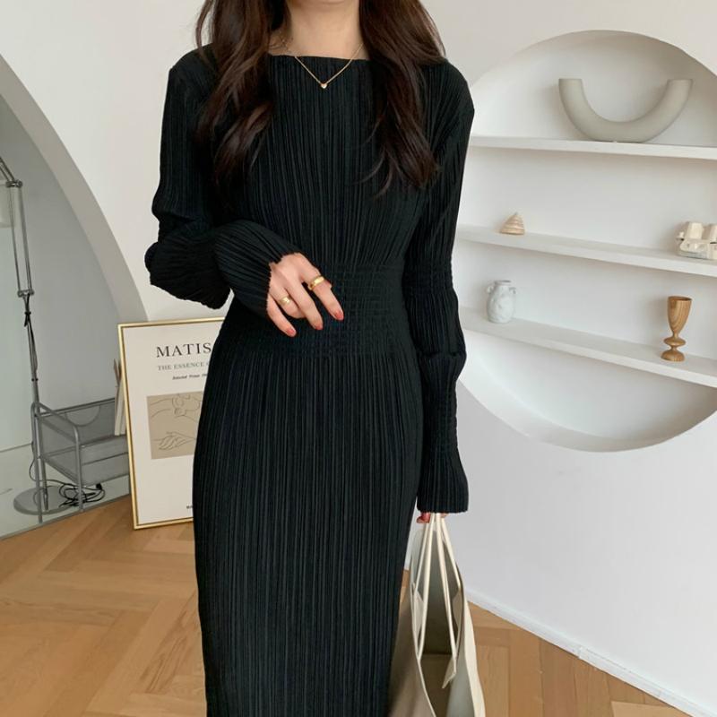 

Casual Dresses Women Autumn Vintage Sheath Wrinkle Long Black Dress Elastic Waist Full Sleeve Pullover