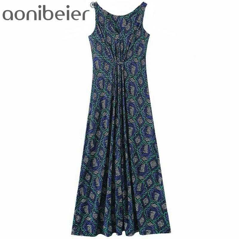 

Geometric Print Summer Sleeveless Casual Holiday Long Dress Fashion Folds Front Women A-Line Midi Female 210604, 01