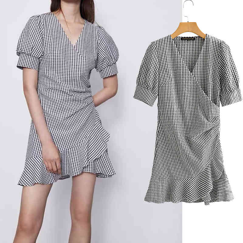 

Casual Dresses Black and white lattice irregular mini dress women summer slim party short sleeve sqaure collars ladies elegant WK1