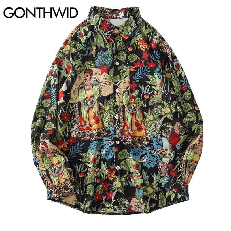 

GONTHWID Hawaiian Beach Shirts Leaf Flowers Floral Print Long Sleeve Aloha Party Holiday Shirt Streetwear Mens Hip Hop Tops 210708, White