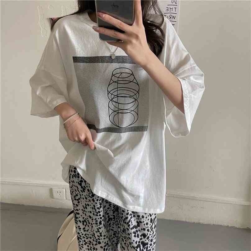 

White Oversize All Match Printed Basic Girls Fashion Summer Tee Chic Short Sleeves Femme Brief Loose T-shirts 210525, Photo color