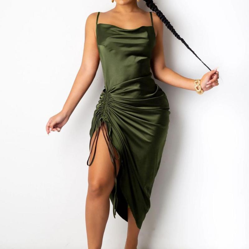 

Casual Dresses Neon Satin Lace Up Summer Women Bodycon Long Midi Vintage Backless Elegant Party Outfits Sexy Club Clothes Vestido Dress Robe, Black