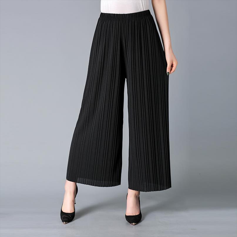 

high wasit wide leg solid women capri color chiffon pleated elastic waist casual loose plus size mom summer trousers, Black;white