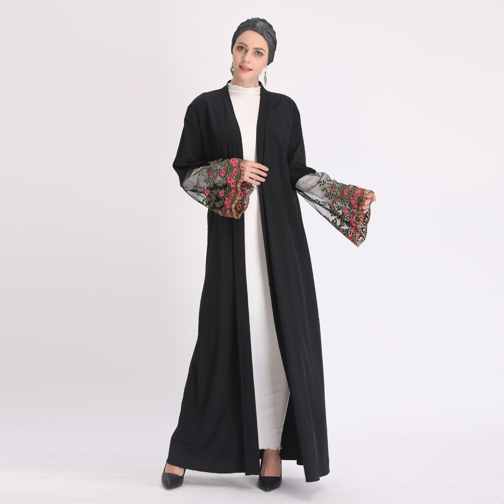 

Islamic Outwear Clothes Muslim Abaya Dress Women Trumpet Sleeve Embroidery Floral Long Robe Turkey Dubai Arab Maxi Hijab Dresses