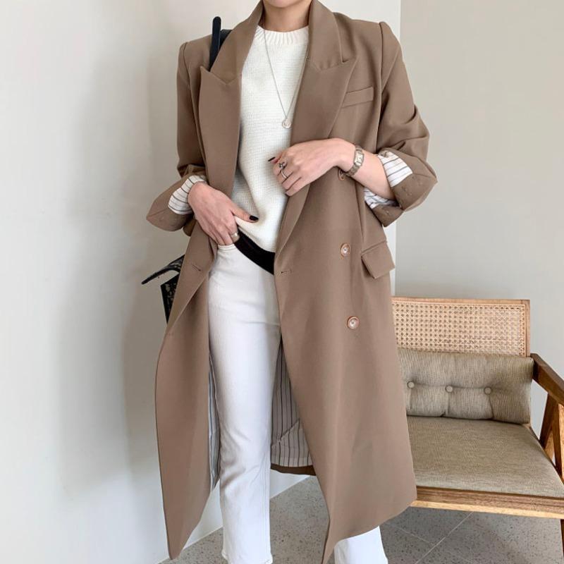 

Women' Trench Coats Korean Chic Autumn And Winter French Retro British Temperament Suit Collar Long Drape Loose Windbreaker Jacket Women, Khaki