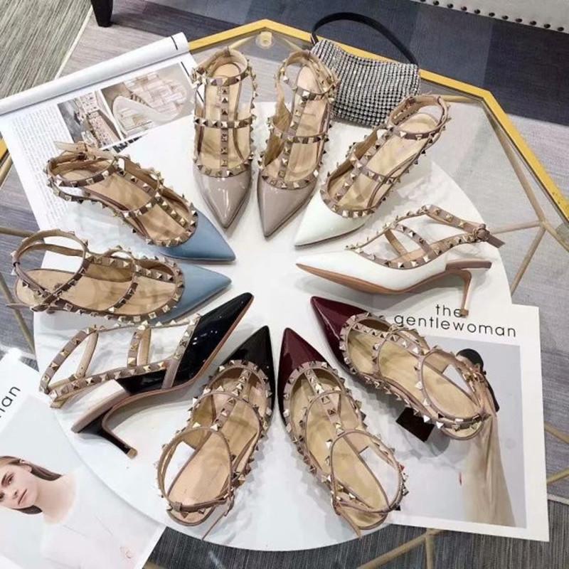 

Sandals Casual Pointed Toe Genuine Leather Female Summer Shoes Multi Color High Heel Rivet Decor Women, Black