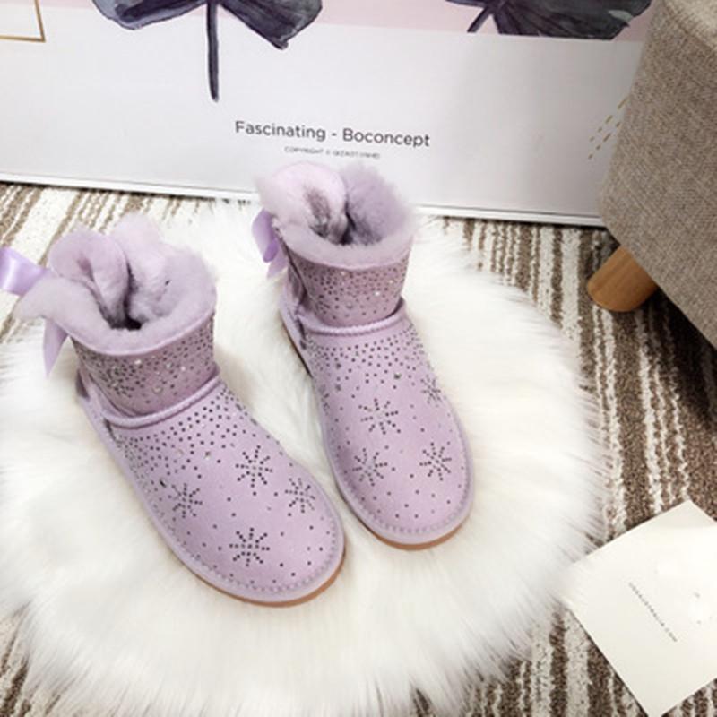 

Boots Blinging Bowknot 2021 Nice 100% Genuine Sheepskin Leather Woman Snow Natural Fur Women's Warm Wool Winter, Black