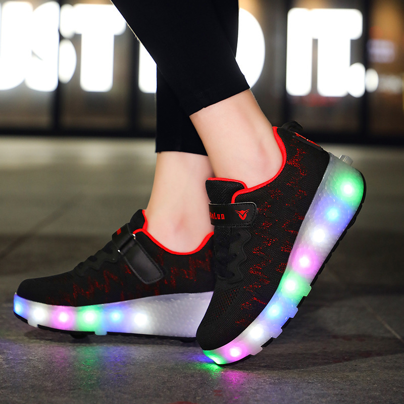 

Size 28-43 Children Luminous Wheel Sneakers Boys Girls Roller Skate Shoes with Lights for Kids USB Rechargeable LED Wheels Shoes, Black
