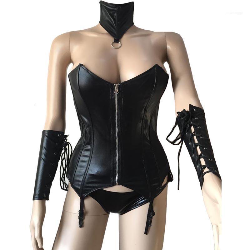 

Bustiers & Corsets Female Sexy Bandage Black PU Leather Front Zip Over Bust Bustier Corset Neck Collar Gloves Gothic Punk Women Fetish Wear