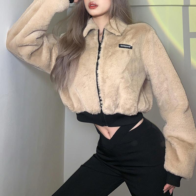 

Women's Jackets Solid Color Navel Fashion Loose Lapel Long Sleeve Plush Coat Women, Black;brown