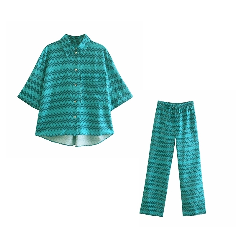 

Summer Casual Street Trousers Set Women Two Piece Blouse and Pants Short Sleeve Outfit Loose Stripes s 210525, Top