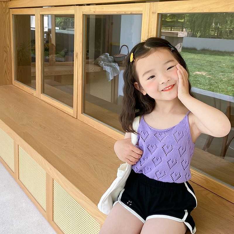 

Summer Korean style Baby Girls Hollow out Princess Suspender T shirts Cotton Loose Breathable Sleeveless Tops 210615, Beige yellow
