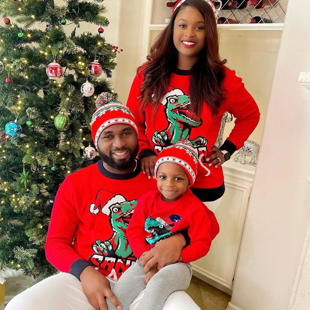 

Autumn Cartoon Family Matching Clothes Outfits Antlers Long Sleeve dinosaur pattern funny Christmas knitted sweater, Red